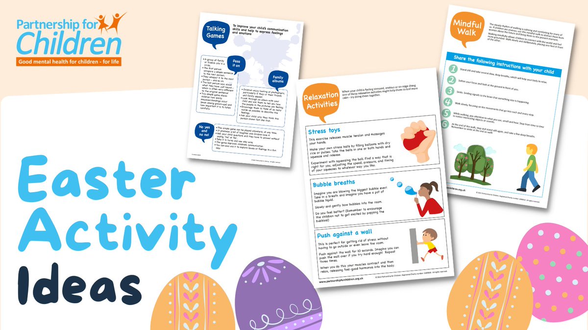 PfChildren's tweet photo. Looking for activity ideas for you and your child for the Easter break? 🐣
• Play ‘Talking Games’
• Try out some relaxation activities
• Take a mindful walk
Download all of our free wellbeing activities 👉 https://t.co/mCiGPsBAuY
#EasterActivities #ActivityIdeas https://t.co/CrcHMhROOq