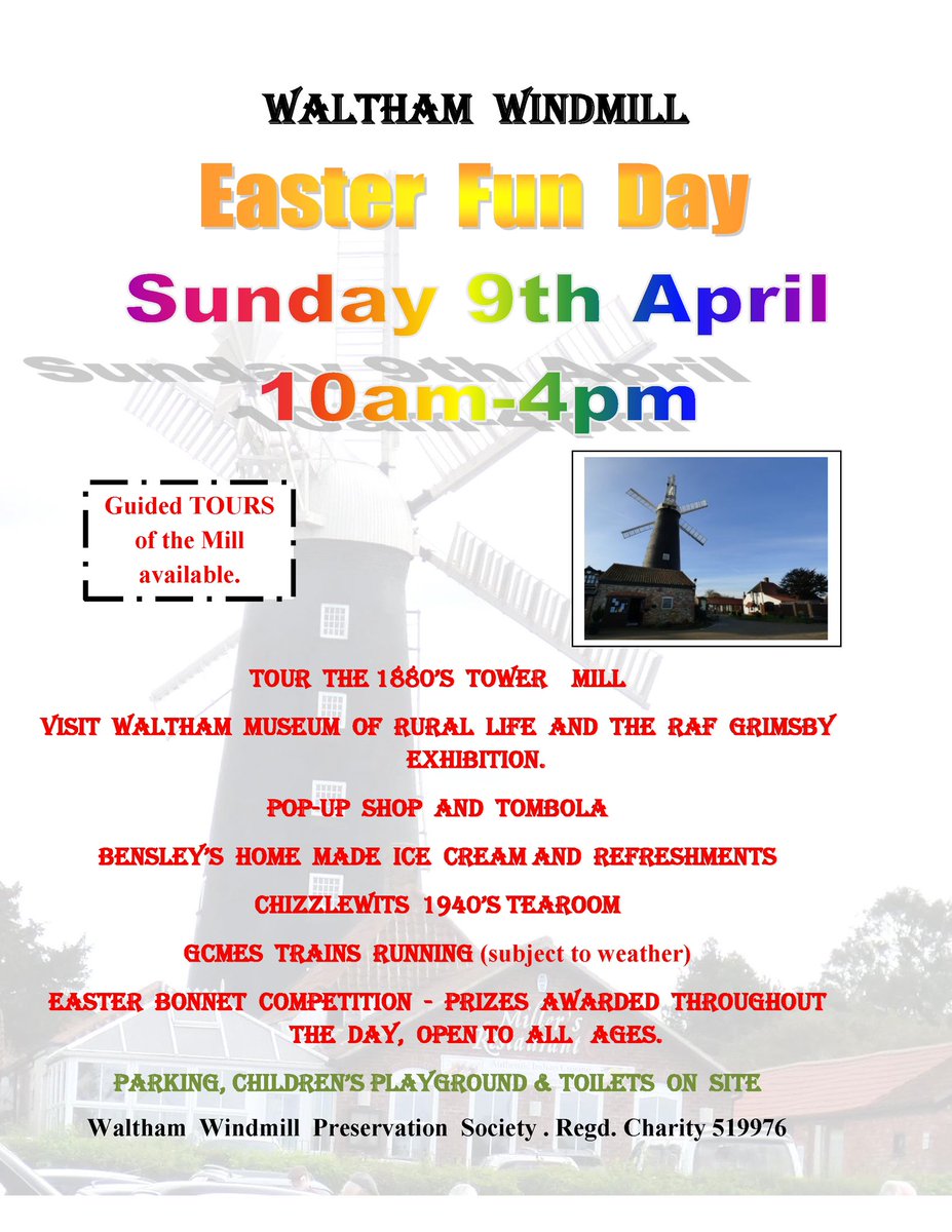 Waltham windmill is open all over the Easter bank holiday, and don’t forget about the Funday on the Sunday. #LINCOLNSHIRE #Grimsby #Cleethorpes #heritage #windmill