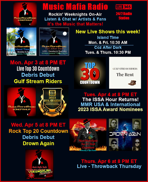 MusicMafiaRadio's tweet photo. #IslandTime Mon &amp; Fri 10:30am  
#CozAfterDark Tue &amp; Thu 10:30pm 
M 8p ET - Top 30 #DebrisDebut @RidersGulf 
T 8p - #ISSAHour Returns!
W 8p - Rock Top20 #Debut @DrownAgainRocks 
Th 8p - #ThrowbackThursday
🎧➡️ https://t.co/mcXzFt2l3F https://t.co/1ojPsPnVHf