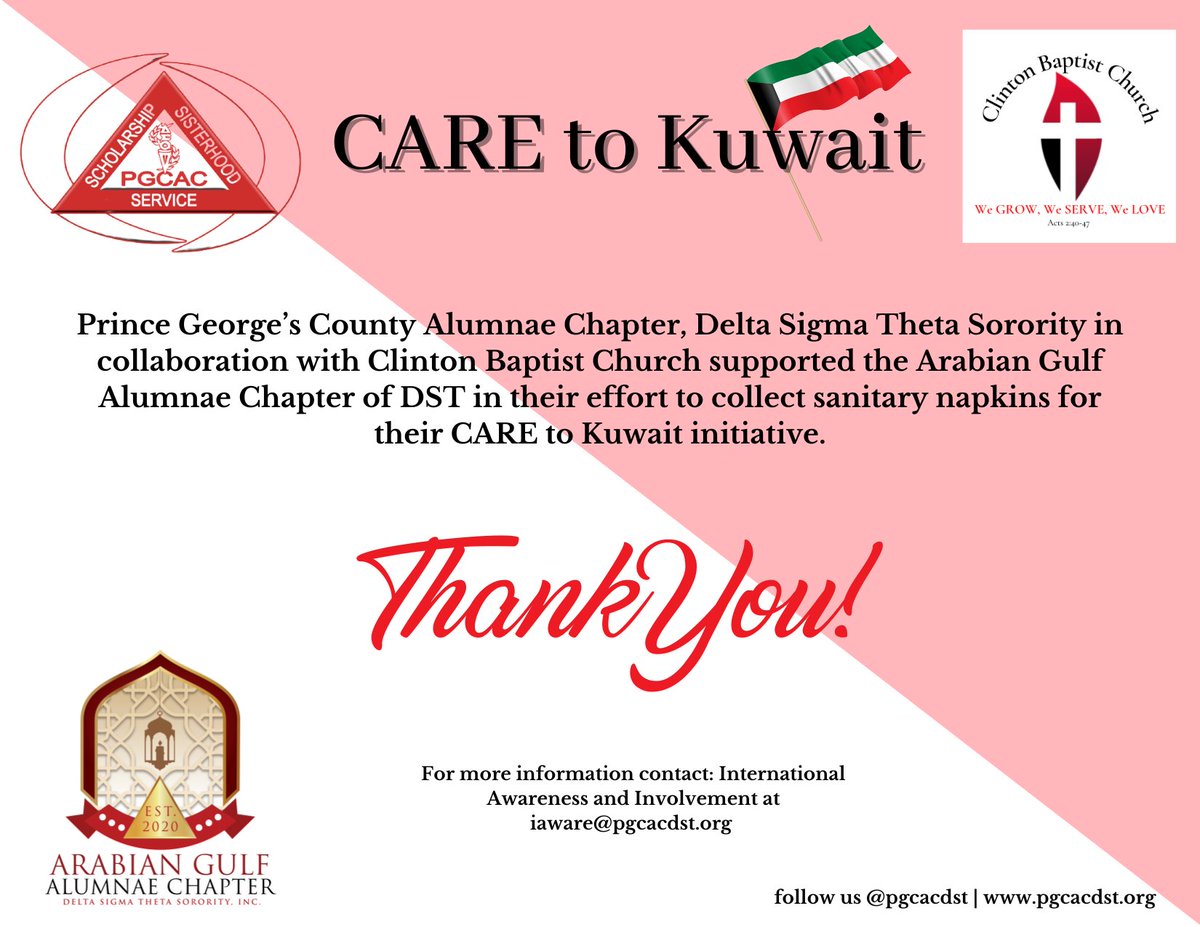 pgcacdst's tweet image. For #InternationalWomensDay, we collaborated with the Arabian Gulf Alumnae Chapter &amp;amp; @CBCatCLINTON to collect hygiene items for women &amp;amp; young ladies in Kuwait. Thank you for your #CAREtoKuwait donations. #serviceiswhatwedo #PGCACDST #iaware #iawaredst