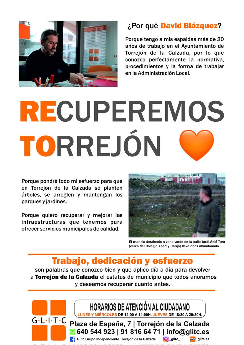 GLITC's tweet photo. Ya está en tu 📬 buzón el último boletín del GLITC. Conócenos más a nuestro grupo político local 🧡 y a nuestro 👨🏻 candidato a alcalde en la próximas elecciones municipales del 28 de mayo, David Blázquez Baos.

#glitc
#torrejondelacalzada 
#recuperemostorrejon https://t.co/tjRD9afJ7c