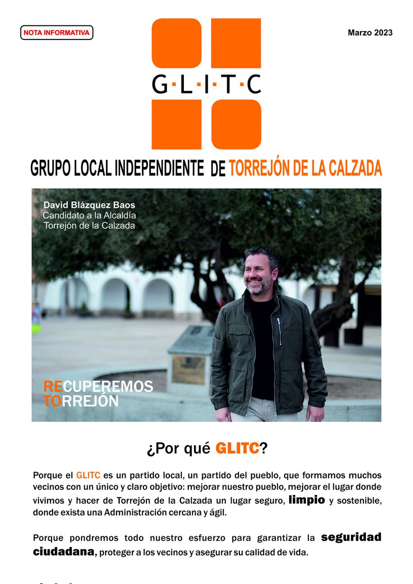 GLITC's tweet photo. Ya está en tu 📬 buzón el último boletín del GLITC. Conócenos más a nuestro grupo político local 🧡 y a nuestro 👨🏻 candidato a alcalde en la próximas elecciones municipales del 28 de mayo, David Blázquez Baos.

#glitc
#torrejondelacalzada 
#recuperemostorrejon https://t.co/tjRD9afJ7c
