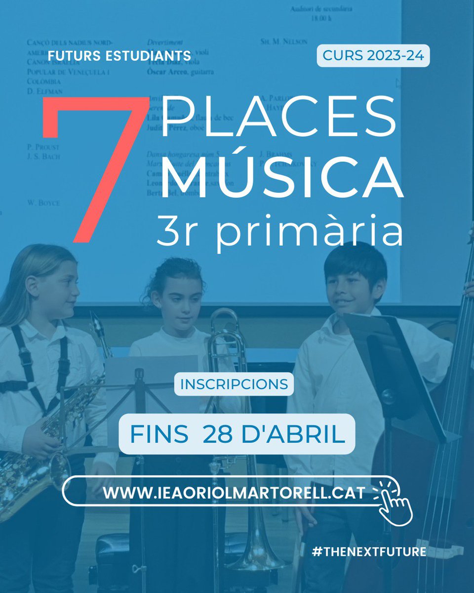 IEAOm's tweet photo. 🗣️Atenció, futurs estudiants i famílies!
Obrim 7 places per cursar ensenyaments integrats en l'especialitat de Música a 3r de Primària.
👉fins al 28 d'abril.
+INFO: https://t.co/UGu3WTV7Ha
#provesaccés #noucurs #música #primària #ensenyamentintegrats #socdelOriol #TheNextFuture https://t.co/0bquEn31K9