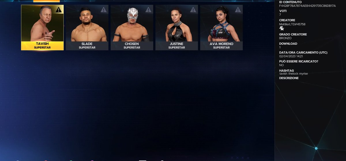 Minie3311's tweet photo. Looks like somebody has found a way to upload MyRise characters. I can't download 'em since I haven't played MR yet. Tavish & Slade are in underwear, the other 3 with clothes on.
@WhatsTheStatus @FatalStevenYT
#wwe2k23 #myrise #tavish #gabrielslade #avamoreno #chosen #justine https://t.co/MVGfKZBQiM