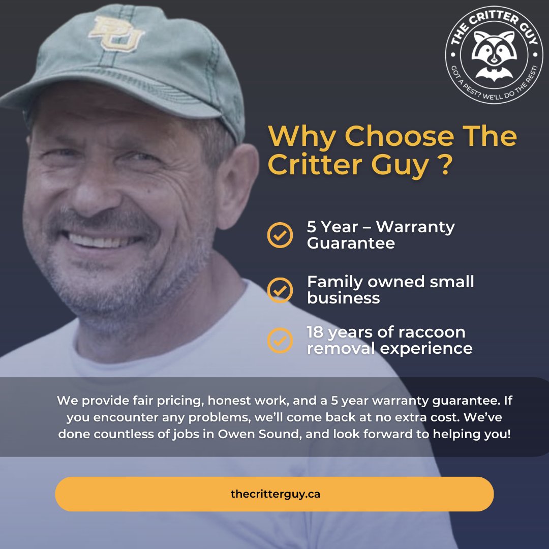 TheCritterGuy's tweet photo. We specialize in safe, humane removal of unwanted animals, as well as complete pest control services to keep your property free from infestations.
Contact us today!
#Animalcontrol #pestcontrol #humaneanimalremoval #Ontario https://t.co/kIVIZfvb46