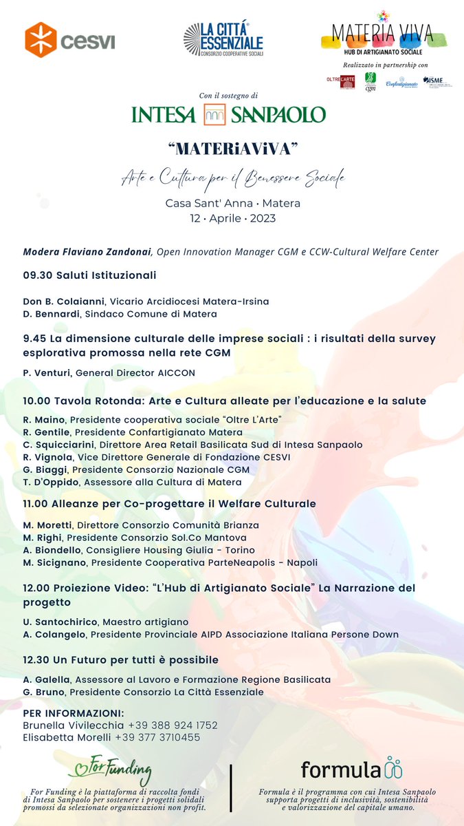 #programma #12Aprile #chiusuraprogetto #MateriaViva
Il progetto è sostenuto da <a href="/intesasanpaolo/">Intesa Sanpaolo</a> attraverso il Programma #Formula in collaborazione con <a href="/FondazioneCESVI/">CESVI</a>
#welfareculturale #terzosettore #laculturacheabilita