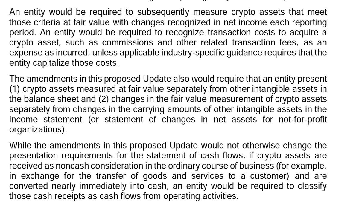 An underreported item in #crypto news:  FASB, the board that dictates accounting rules, has proposed that fungible crypto assets be marked to market on a company's books, not held at cost basis.

BIG CHANGE.

Also, crypto payments are booked as cash if converted immediately.