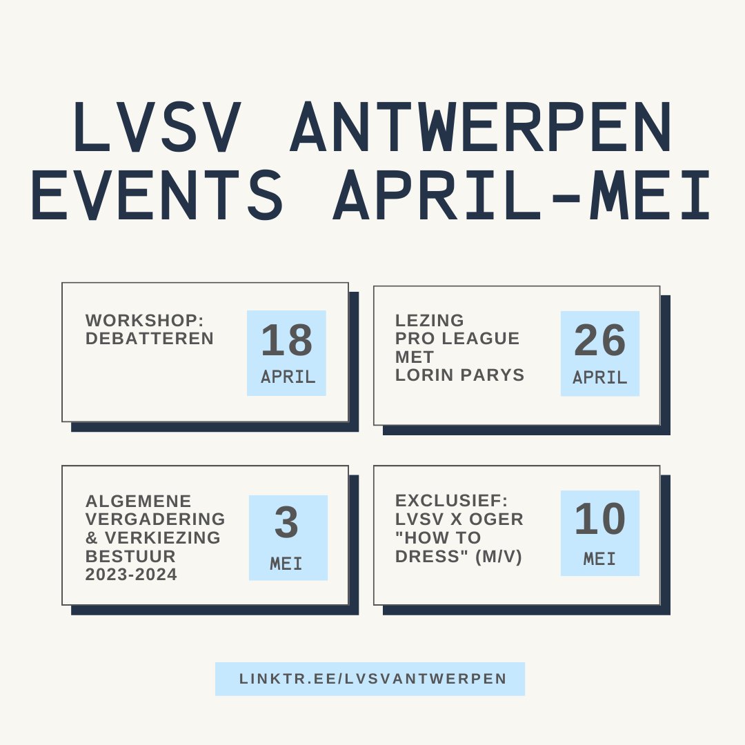 Benieuwd wat LVSV Antwerpen in petto heeft na het paasreces?

Hou onze Linktree in de gaten! linktr.ee/lvsvantwerpen

De komende weken delen we meer informatie over de activiteiten en hoe je je kan inschrijven.

Hopelijk zien we jullie gauw terug!
LVSV Antwerpen