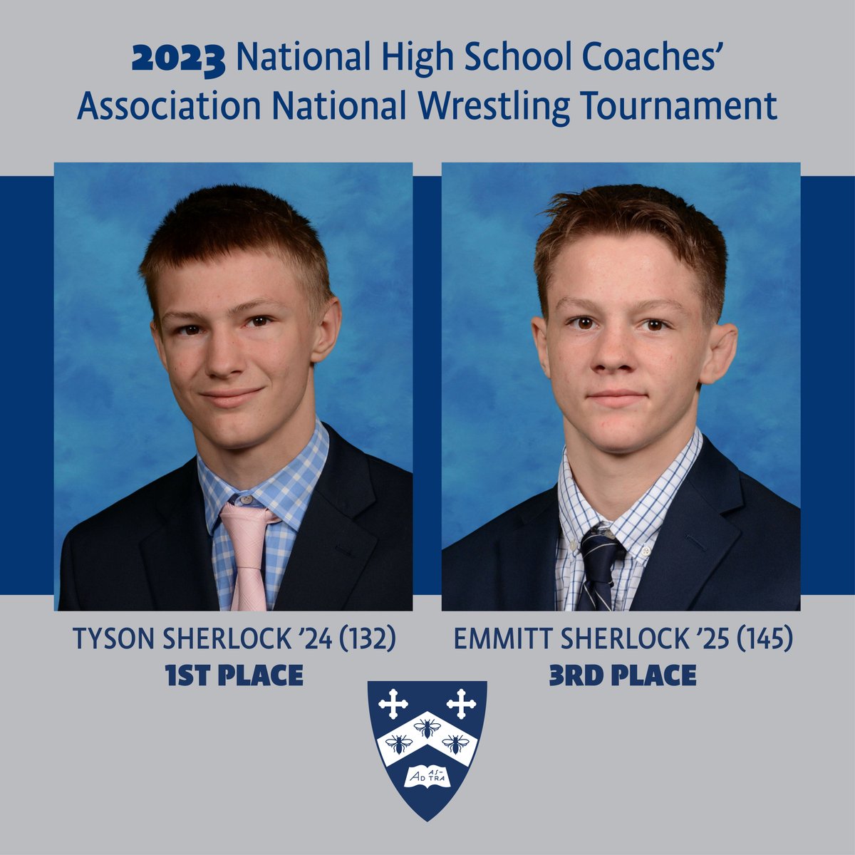 At last month's NHSCA National Wrestling Tournament, brothers Tyson Sherlock '24 (132) finished first, and Emmitt Sherlock '25 (145) placed third. Read more in a Baltimore Banner story linked to from our website at bit.ly/3M6DKmS. Congratulations, Tyson and Emmitt!