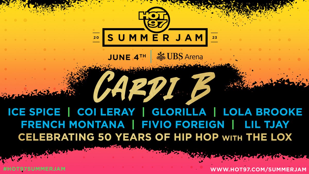 HOT97's tweet photo. #HOT97SummerJam is BACK in NEW YORK! 🗽It goes down Sunday, June 4 at @UBSArena!

@lolabrooke718, @liltjay, @FivioForeign, @FrenchMontana, @IceSpice, Celebrating #HipHop50 w/ @thelox, @glorillapimp, @coileray &amp; @iamcardib !!

Tickets go on sale Saturday 4/8, 10AM at Ticketmaster! https://t.co/5ALpyReHkK