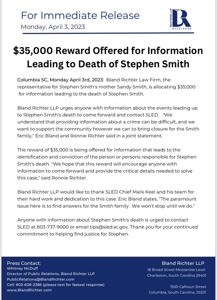 BREAKING: Bland Richter Law Firm, the representative for Stephen Smith's mother Sandy Smith, is allocating $35,000 for information leading an arrest in the death of Stephen Smith. #justiceforstephensmith 💚💚🟩🟩