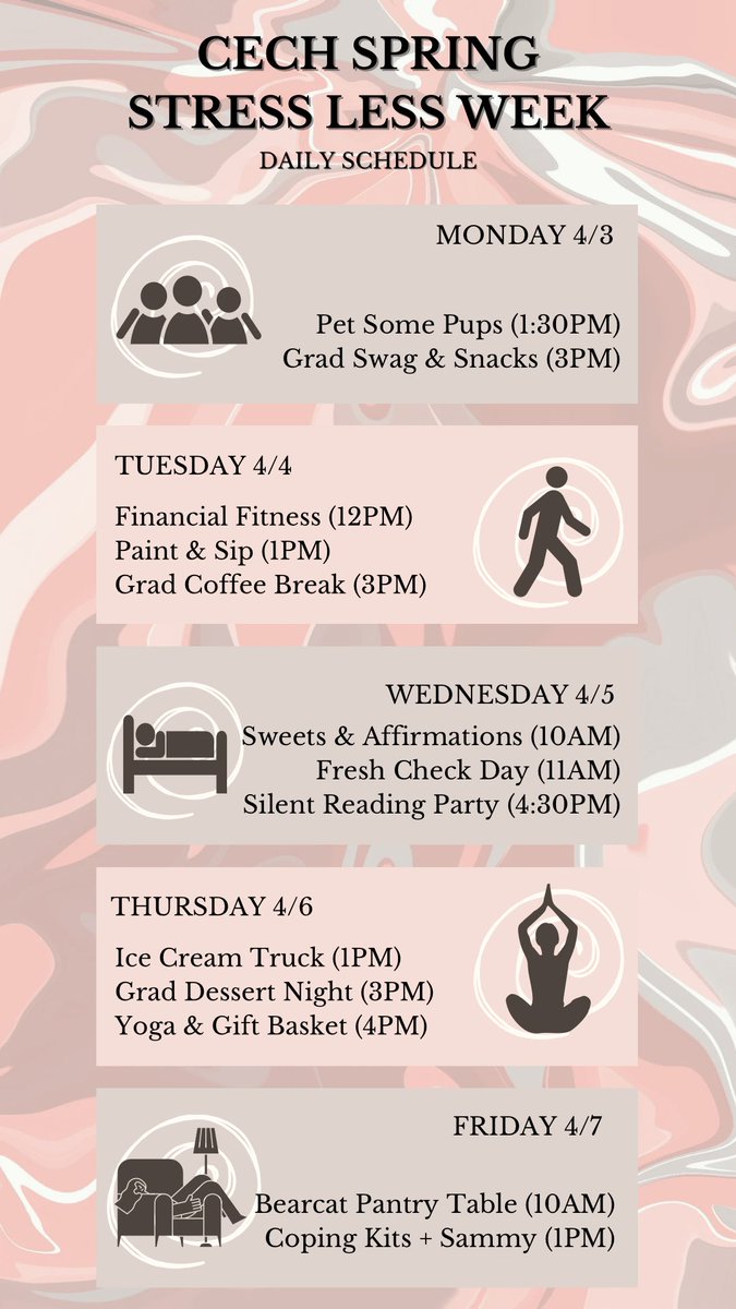 CECHSSC's tweet image. Happy Stress Less Week, CECH Bearcats!! We have so many exciting events planned for you. Check out our Instagram for more details on the activities! #StressLess #MentalHealth #SelfCare