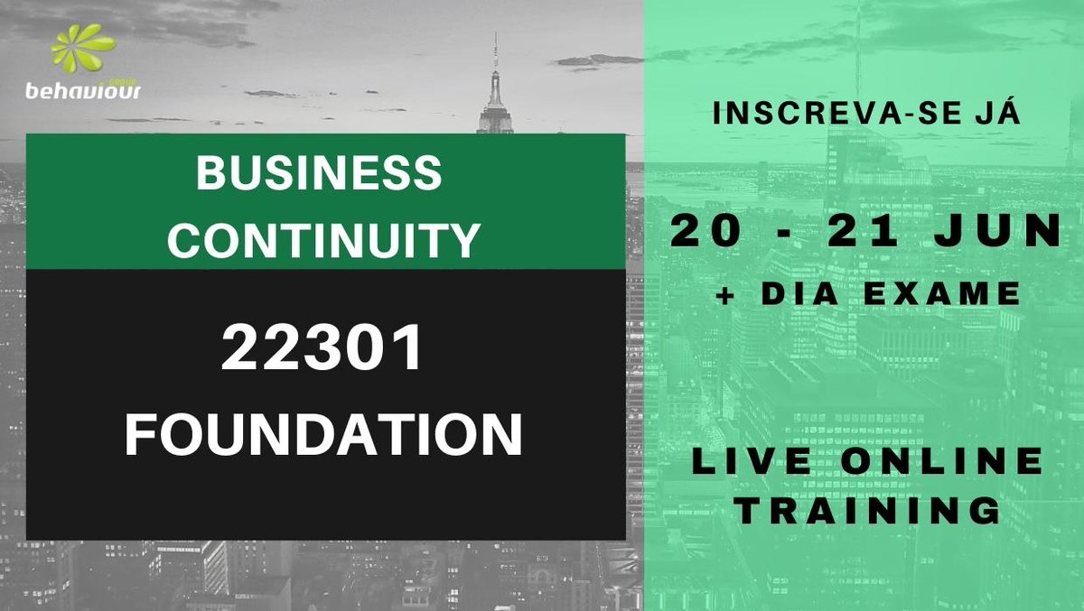 Business Continuity 22301 Foundation, curso prático da norma ISO 22301.Inscreva-se online: behaviour-group.com/PT/curso-busin…

#iso22301 #businesscontinuity #continuidadenegocio #formacaoonline #onlinetraining #onlinecourse #behaviourgroup
