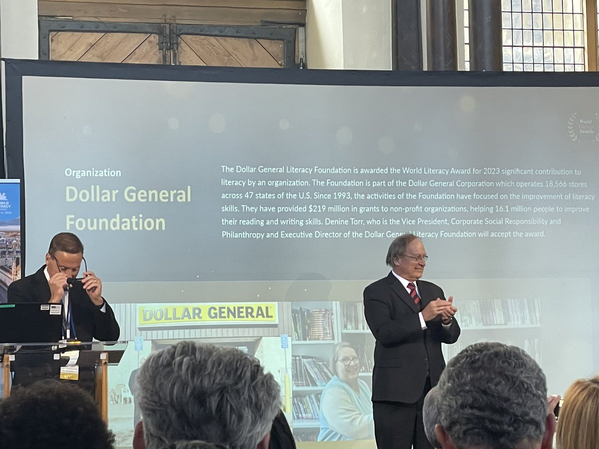 farrellta's tweet photo. So many extraordinary presentations at World @literacy_summit, and now the #WorldLiteracyAwards being presented — first up is @UTR4Military partner @DollarGeneral Literacy Foundation with the @WorldLiteracy Organization Award — so proud to be your teammates #DGLF! #WLS2023 🧵14/x https://t.co/Sh4slEgGEW