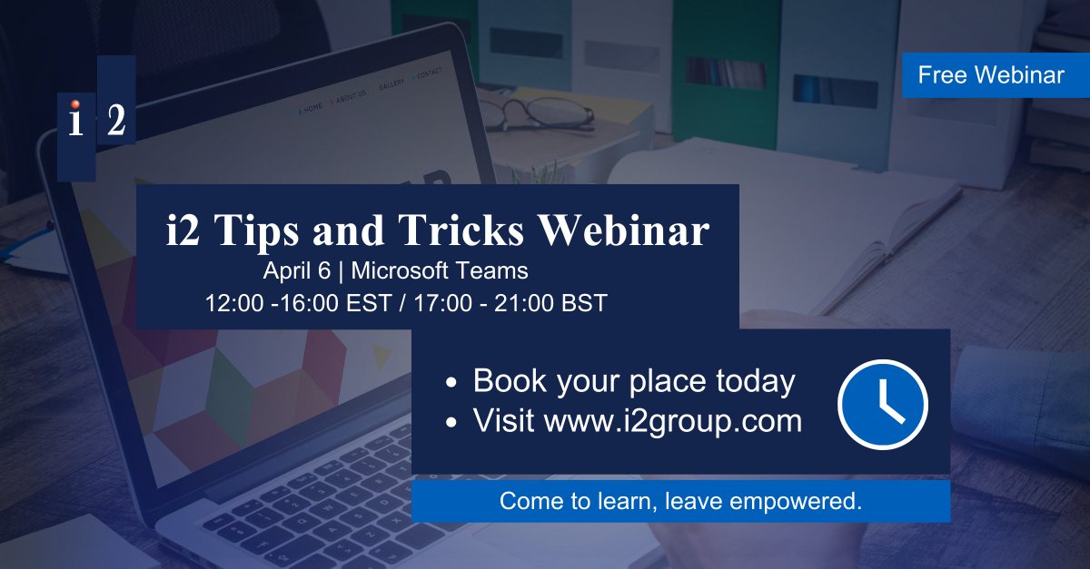i2_group's tweet image. Join us on Thursday April 6th for a FREE Tips and Tricks webinar that will showcase a range of i2 Analyst&apos;s Notebook features, including a financial demo. There&apos;ll also be time for Q&amp;amp;A too.

Sign up today 👉bit.ly/3lZzhI1 

#Webinar #i2AnalystsNotebook #DataAnalysts