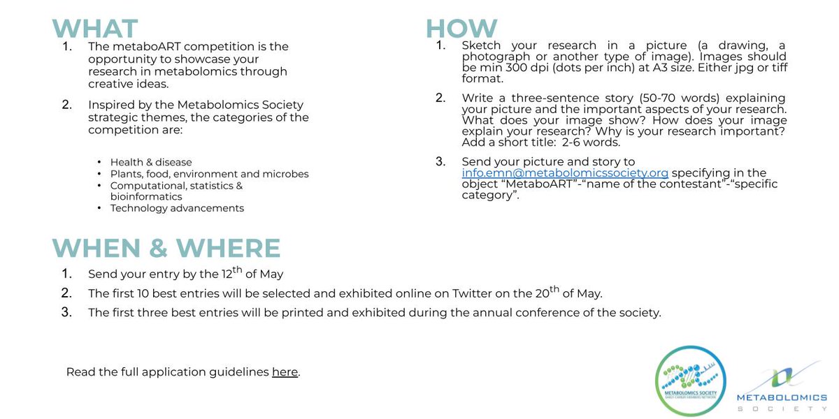 We are excited to announce that this year the 19th Annual Metabolomics Conference is organising an Art competition. If you are attending the conference then you can’t miss this!

For more details, please visit the following link: docs.google.com/document/d/1JG…