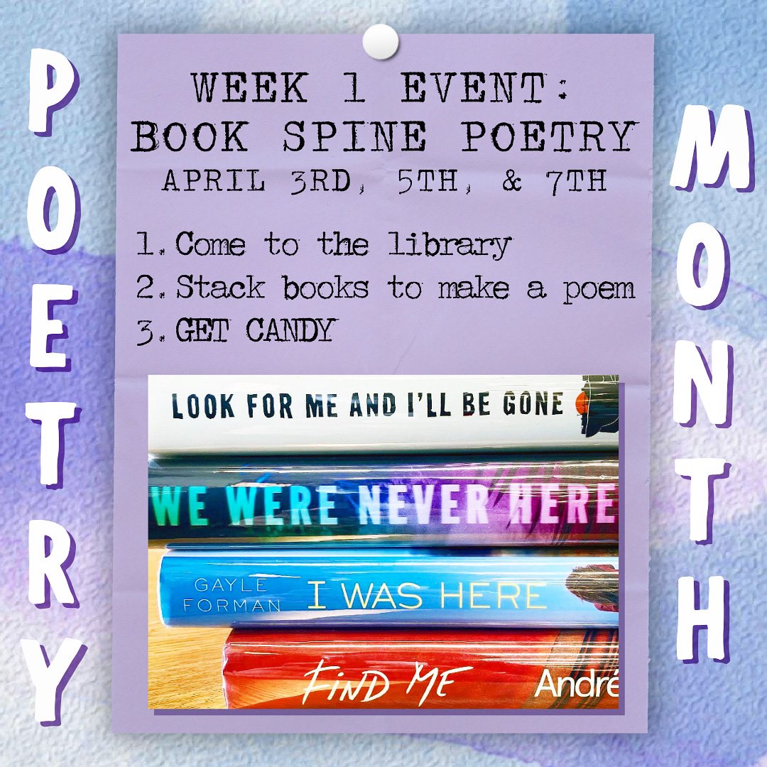 April is National Poetry Month & we’ve got lots of events planned! Keep your eyes out & get ready to make/find/love poetry all month! #nationalpoetrymonth #poetrymonth #poetry #poets #poems #poem #bookspinepoetry #libraryevents #candy #raffle
