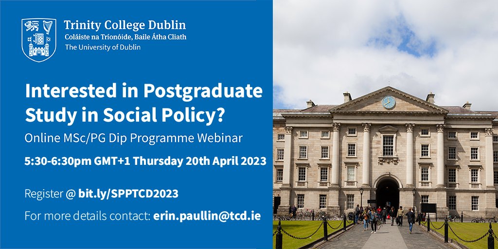 Discover more about @tcddublin's online postgraduate courses in Social Work and Social Policy with a free information webinar on Thursday 7th April at 6.00pm GMT+1. #thinktrinity #postgraduate #socialwork bit.ly/SPPTCD2023