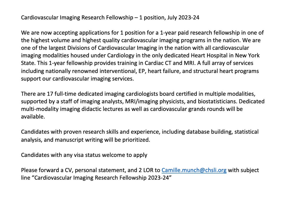 Looking for a 1 year Cardiovascular Imaging #yesCCT #echofirst #whyCMR #thinkPET research fellow for July 2023-24 in a busy and productive program. Please see details below. @onco_cardiology @purviparwani @DrRyanPDaly @AkhilNarangMD @tiffchenMD @AabuzaidDr