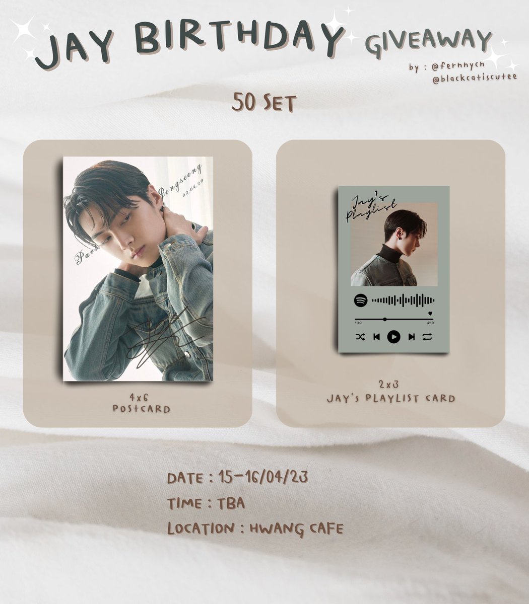 💖HAPPY JAY DAY Giveaway💖

⭐️แจก ฟลว⭐️
⁃รอบไปร 3 SET (ส่งฟรี)

✨50 SET
⁃Postcard 1 ea.
⁃Jay’s Playlist Card 1 ea.

Date : 15-16/04/23
📍     : Hwang Cafe

Rt &amp; Show this tweet
#ตลาดนัดENHYPEN
#MySunshineOnACloudy_Jay
#HappyJayDay