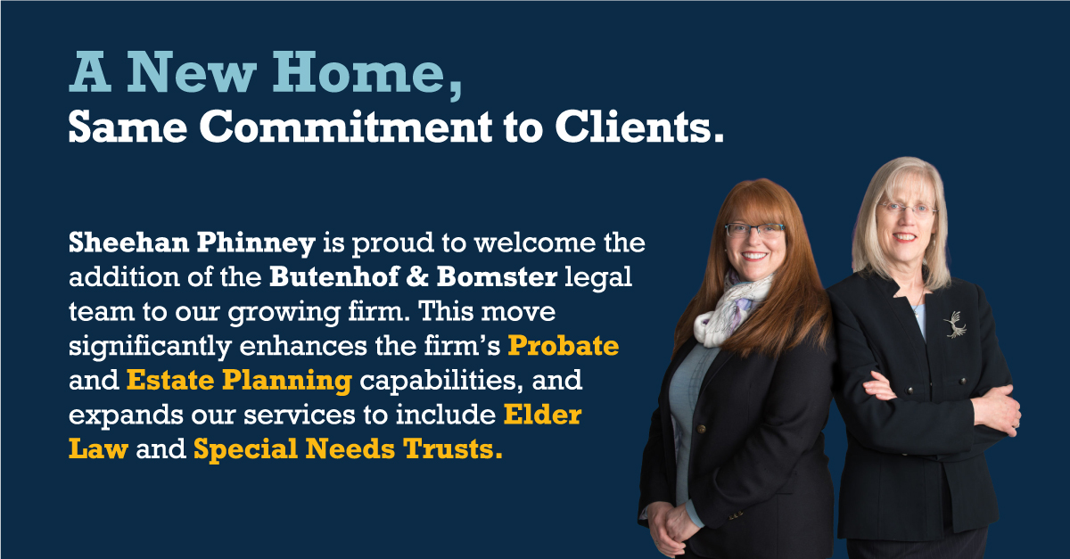 SheehanPhinney's tweet photo. We're proud to welcome Judith Bomster, Ann N. Butenhof, C.E.L.A., Alisha Cahall, and the entire Butenhof &amp; Bomster team to Sheehan Phinney's Estate Planning Group.
https://t.co/aBXY7y8pYj https://t.co/78KlOFfoIG
