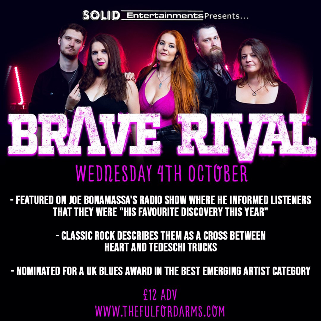 Absolute titans of the blues rock scene @BraveRivalBand  are set to join us in October!
Tickets available now from thefulfordarms.com / ticketweb.uk

#livemusic #fullylive #independentmusicvenue #york #seeyouatthebar #golocal #blues #rock #joebonamassa #braverival