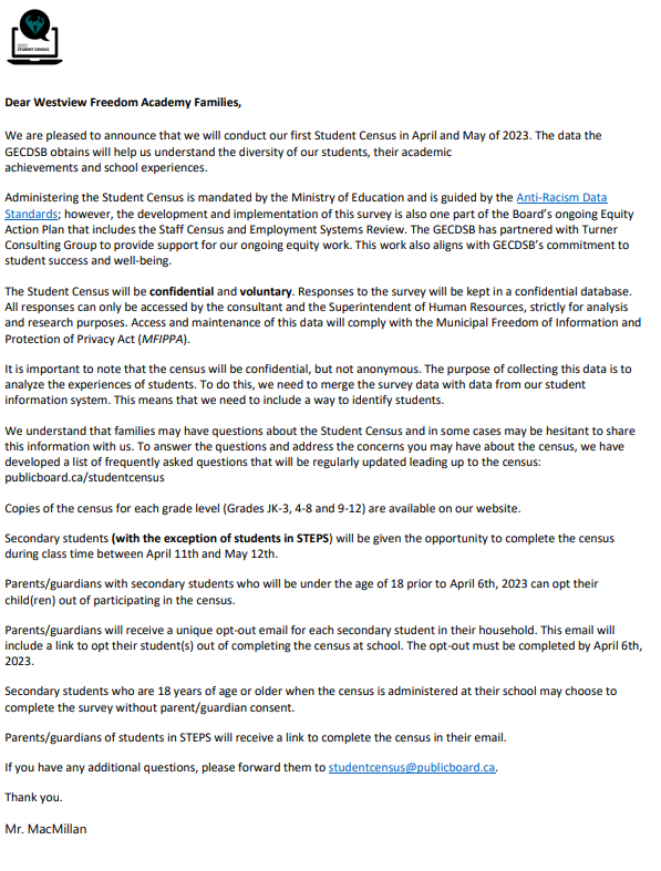 Hey Falcons - Check out the student census information below.