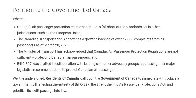 Fed up with how the airlines treat you? Sign and share the petition in support of Bill C-327: petitions.ourcommons.ca/en/Petition/De… The Strengthening Air Passenger Protections Act (Bill C-327), introduced by @taylorbachrach, is endorsed by @AirPassRightsCA, @CanadaPIAC, and @OptionConso.