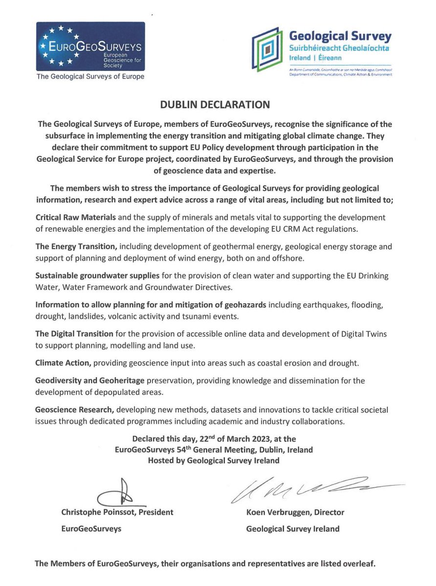 🌍🌱🤝📝🇪🇺
The #DublinDeclaration was signed at the 54th #EGS General Meeting, a commitment to sustainable management of earth resources for green energy tech and geothermal development. 
Proud to support EU policy development through the <a href="/GeoServiceEU/">GSEU - A Geological Service for Europe</a>.
👇
eurogeosurveys.org/egs54generalme…