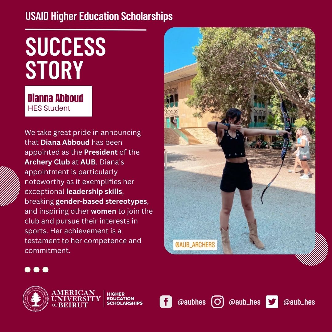 .<a href="/USAID/">USAID</a>-Higher Education Scholarship (HES) student at the American University of Beirut, Diana Abboud was assigned as president of the archery club at #AUB.
More: aub.edu.lb/HES/news/Pages…