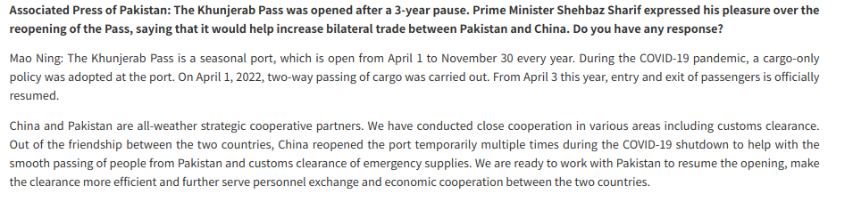 JiRongCHN's tweet photo. Good news: From April 3 this year, entry and exit of passengers through the #KhunjerabPass is officially resumed. #China is ready to work with #Pakistan to further serve personnel exchange and economic cooperation between the two countries. https://t.co/sfQeMJQsUP