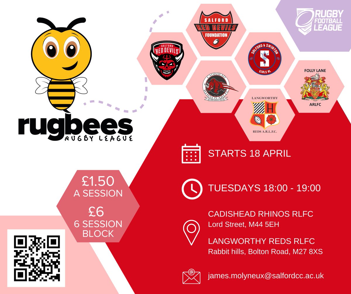 👹We're thrilled to be delivering <a href="/TheRFL/">Rugby Football League</a> primary School Girls Rugbees Programme with our Community clubs &amp; <a href="/SSGirlsRL/">Salford Swinton Girls rugby</a> !

For more information or to book your place please email james.molyneux@salfordcc.ac.uk

<a href="/SalfordDevils/">Salford Red Devils 👹</a> 
💪 #TogetherStronger | 🔴👹