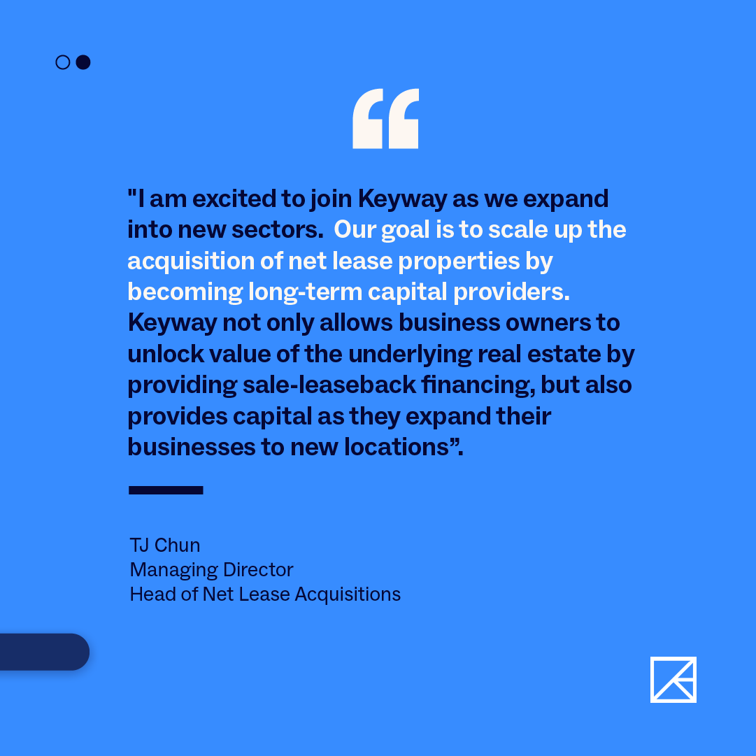 KeywayAI's tweet image. Big news! T.J. Chun is the new Managing Director, Head of Net Lease Acquisitions.  He will help advance our net lease strategy as we see compelling opportunities in the market in the U.S.

Read here for more: prnewswire.com/news-releases/…

#proptech #netlease #commercialrealestate