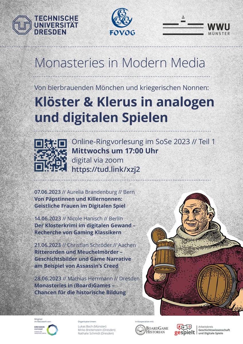 FOVOG_TUD's tweet photo. Es gibt acht spannende Vorträge, dabei sind u. a. @BoardgameHisto @t_winnerling @Trogambouille @hekabeohnename @NNGDG_TUD und @christianschrdr. Alle Infos und Anmeldung hier: https://t.co/NfbnnttPFe #MonasteriesInModernMedia https://t.co/g7KgZg5goe