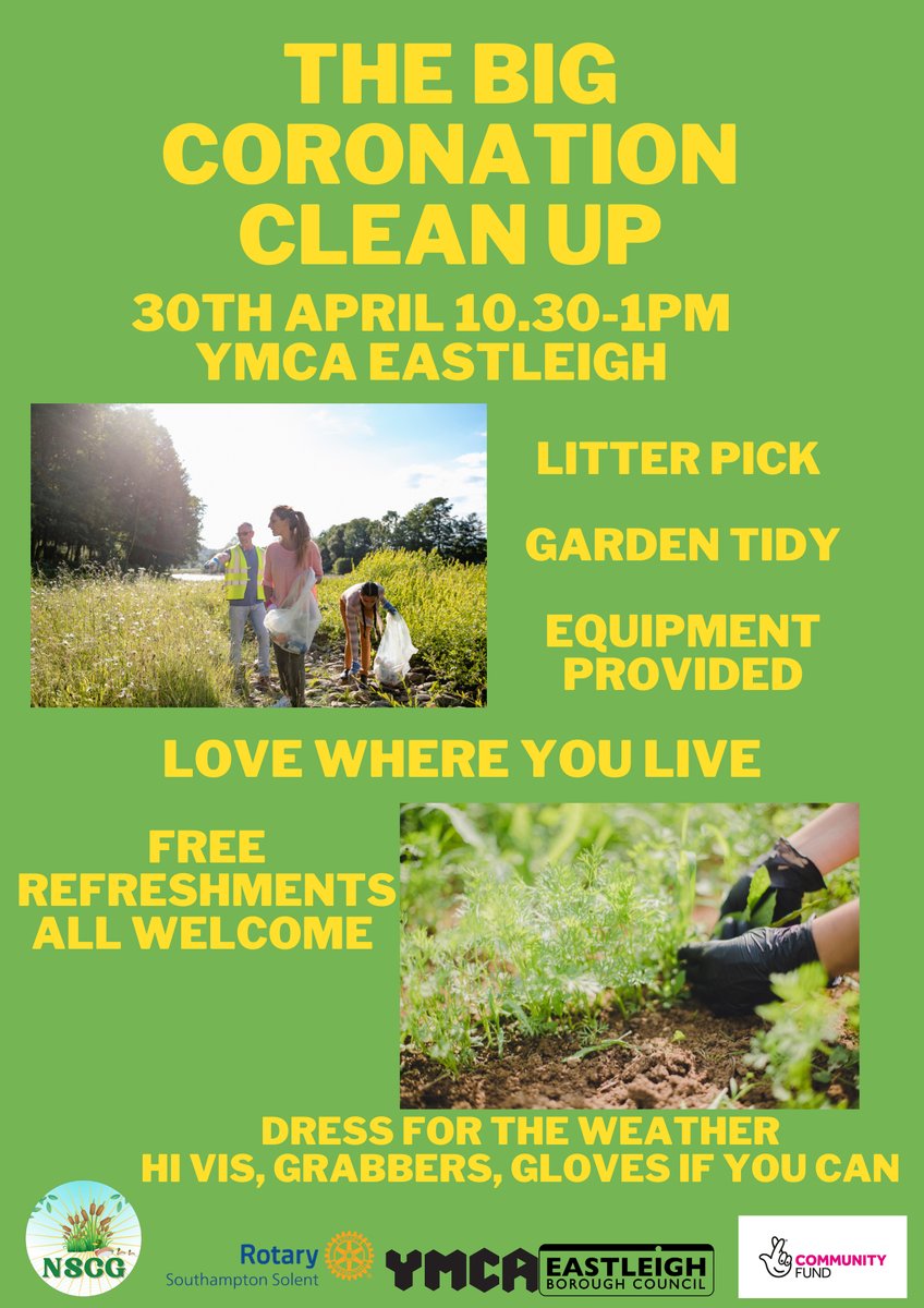 30 April - put it in your diary! Join us for The Big Coronation Clean Up! We have teamed up with #NorthStonehamCommunityGroup to clean up the verges and grassed areas around @Concorde__club #YMCAEastleigh, and Stoneham Lane. #litterpick #solentrotaryuk #greatbritishspringclean