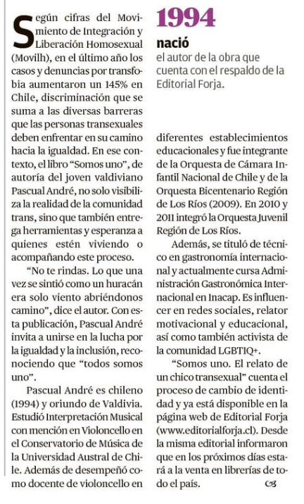 ForjaEd's tweet photo. En Editorial Forja estamos comprometidos con el trabajo por la igualdad y la #inclusion ! Gracias a Pascual André por confiar en nosotros y al Diario Austral de Los Ríos🗞️ por ayudarnos a visibilizar un tema que aún es tan lejano para muchos
@EditorialesCL https://t.co/Sra2ltS84Z
