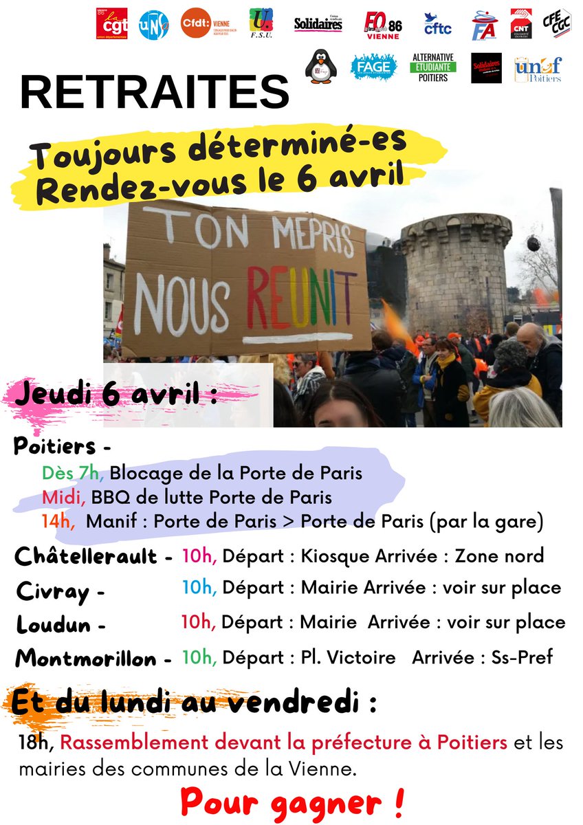 Fsu086's tweet photo. Tract Màj avec les rdv de Loudun, Civray, et Châtellerault.
Le 6 avril on ne lâche toujours rien !!!
Pour gagner
#ReformeDesRetraites https://t.co/AS4Vq5BnnL