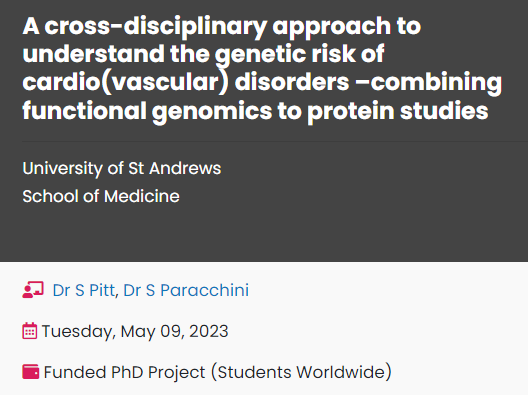 School of Medicine (@standmedicine) on Twitter photo 📢NEW PhD Opportunity!
Looking for a #fundedPhD in #Genomics or #CellularMedicine? Read about this fantastic opportunity to investigate the genetic risk of #cardiovascular disorders w/<a href="/silParacchini/">Silvia Paracchini</a> & <a href="/SamJPitt/">Dr Samantha Pitt</a>! ➡️bit.ly/3GbKlZo
Funded by <a href="/TenovusScotland/">Tenovus Scotland</a> 📢NEW PhD Opportunity!
Looking for a #fundedPhD in #Genomics or #CellularMedicine? Read about this fantastic opportunity to investigate the genetic risk of #cardiovascular disorders w/<a href="/silParacchini/">Silvia Paracchini</a> & <a href="/SamJPitt/">Dr Samantha Pitt</a>! ➡️bit.ly/3GbKlZo
Funded by <a href="/TenovusScotland/">Tenovus Scotland</a>