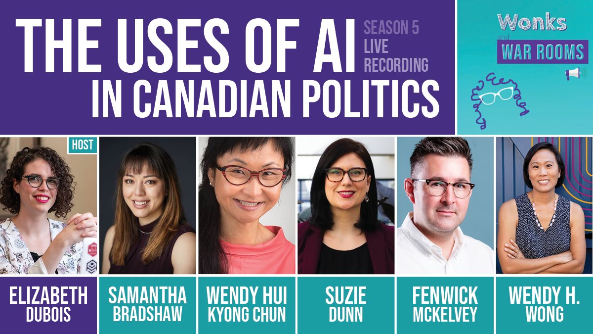🗓️TODAY! Join us at 12 p.m. ET for a live taping of #WonksAndWarRooms. Host <a href="/lizdubois/">Elizabeth (not Liz) Dubois</a> will be talking to <a href="/sbradshaww/">Samantha Bradshaw | @SamBradshaw@sciences.social</a>, @whkchun, @SuzieMDunn, <a href="/mckelveyf/">Fenwick@mastodon.social McKelvey</a> and <a href="/wendyhwong/">Wendy Wong @profwhw.bsky.social</a> on the uses of AI in Canadian politics.  

REGISTER: techlaw.uottawa.ca/aisociety/even…