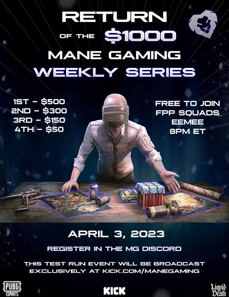 ***ATTENTION***

Mane Mondays are back! 

8pm ET tonight - come watch the BEST controller players <a href="/PUBG/">PUBG: BATTLEGROUNDS</a> has to offer battle it out.

-17 Teams
-5 Maps
-$1000

Hosted by PUBG Partners <a href="/Blitz5/">BLiTz5</a> &amp; <a href="/st3nto/">Stento</a>

Catch all the live here ---> kick.com/ManeGaming