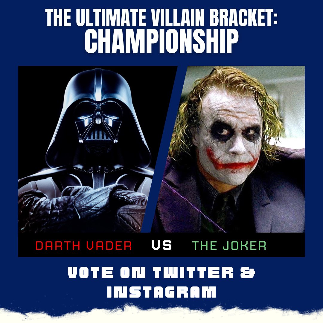 0CapesRequired's tweet photo. Are you #TeamVader or #TeamJoker? ๐ค
Whoโs the Ultimate Villain? ๐
Cast your vote in the poll below or on Instagram!
#ultimatevillaintournament #villainbracket #darthvader #thejoker #villainchampionship #VillainGOAT #StarWars #DCComics #TheDarkKnight #RogueOne https://t.co/Lfg0KeUO69