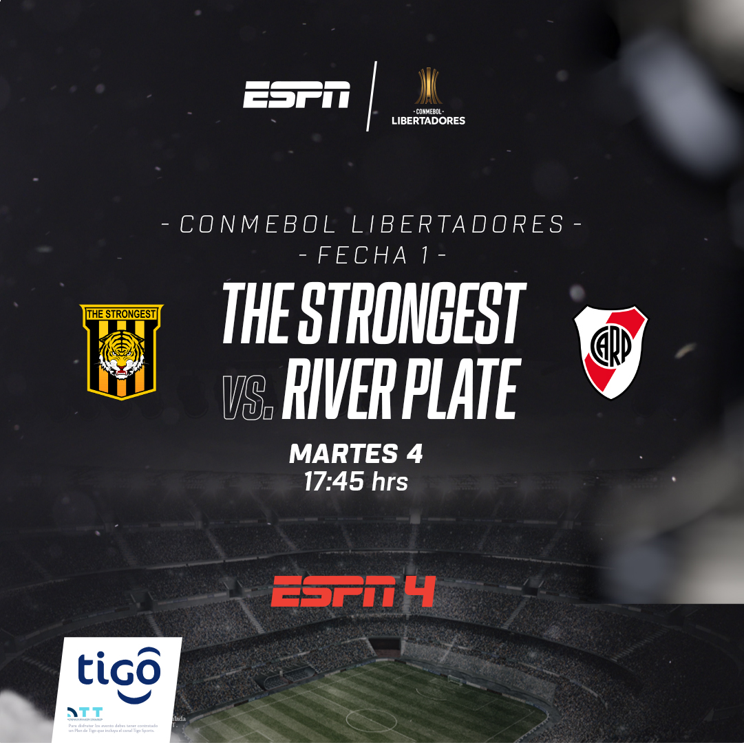 Tigo_Bolivia's tweet photo. Este martes 4 de abril no te pierdas el partido de la Copa Libertadores entre The Strongest vs River Plate por ESPN 4.
Pide tu plan aquí 📷https://t.co/i4Nhd0seuY
#tigo #ConInternetTigo #Deportes #ESPN #CopaLibertadores #TigoHogar https://t.co/OzWZveDCd4