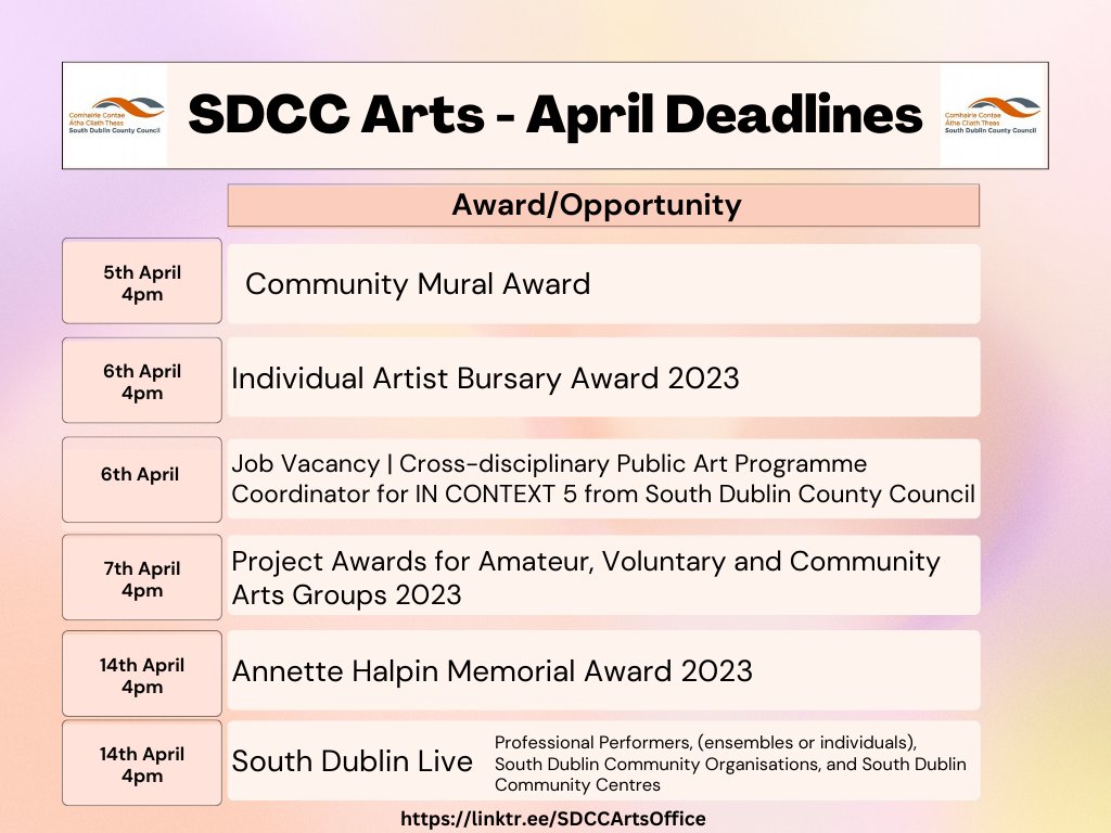 Lots of opportunities for artists, creative organisations, community groups, musicians and more with SDCC Arts Office. 

List of deadlines for all awards/opportunties below. 

Apply Now: linktr.ee/SDCCArtsOffice #SDCCArts #Artists #ArtsIreland #Creatives