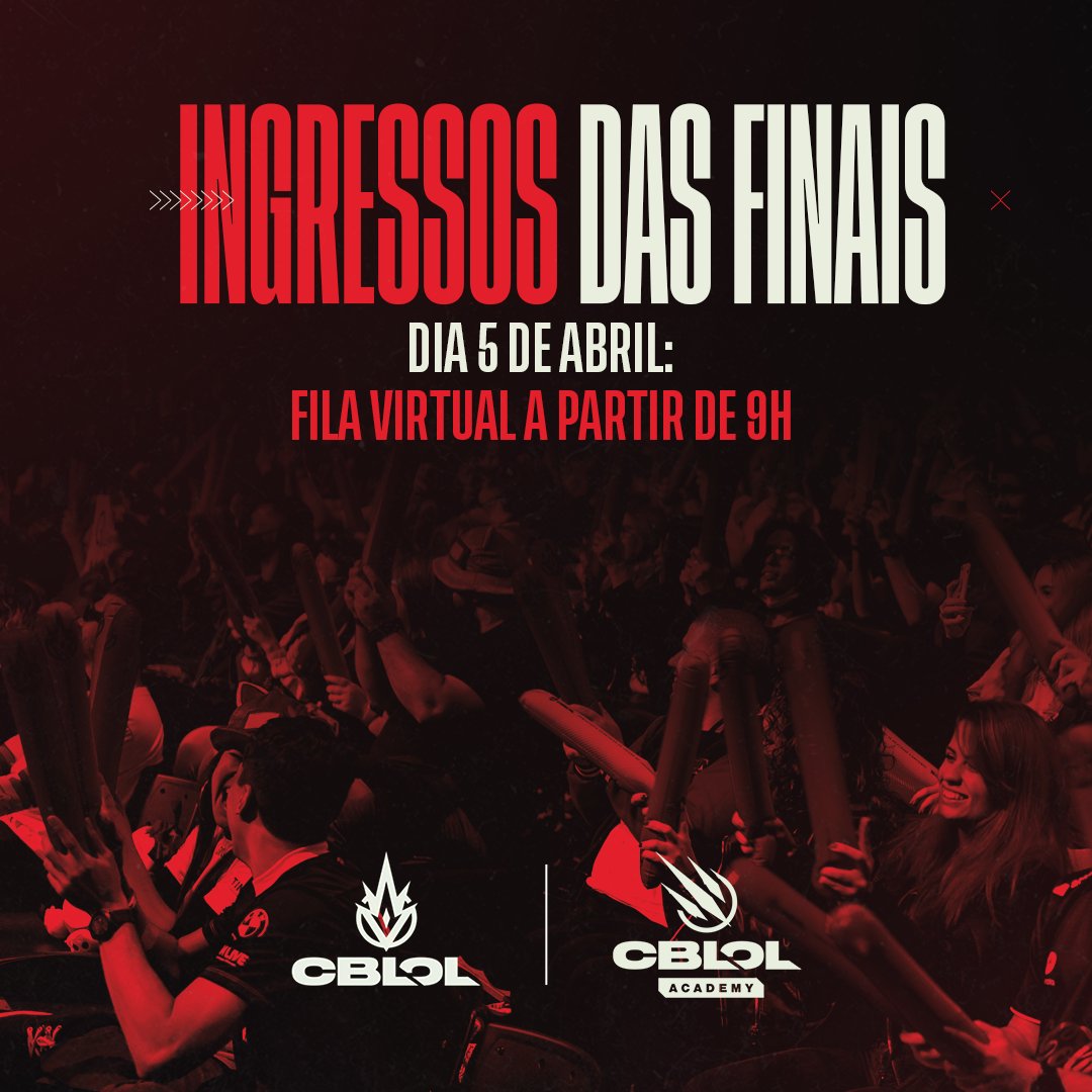 CBLOL's tweet photo. É AMANHÃ!

Nesta quarta-feira, venderemos os ingressos para as FINAIS do #CBLOL (15 de abril) e do #CBLOLAcademy (22 de abril), que acontecem na Arena CBLOL.

🎯 Fila virtual: 9h
🎟 Início das vendas: 13h

Prepare-se e saiba tudo por meio do link: 🔗 https://t.co/0R6whMwpvG https://t.co/kVoSfFuKBq