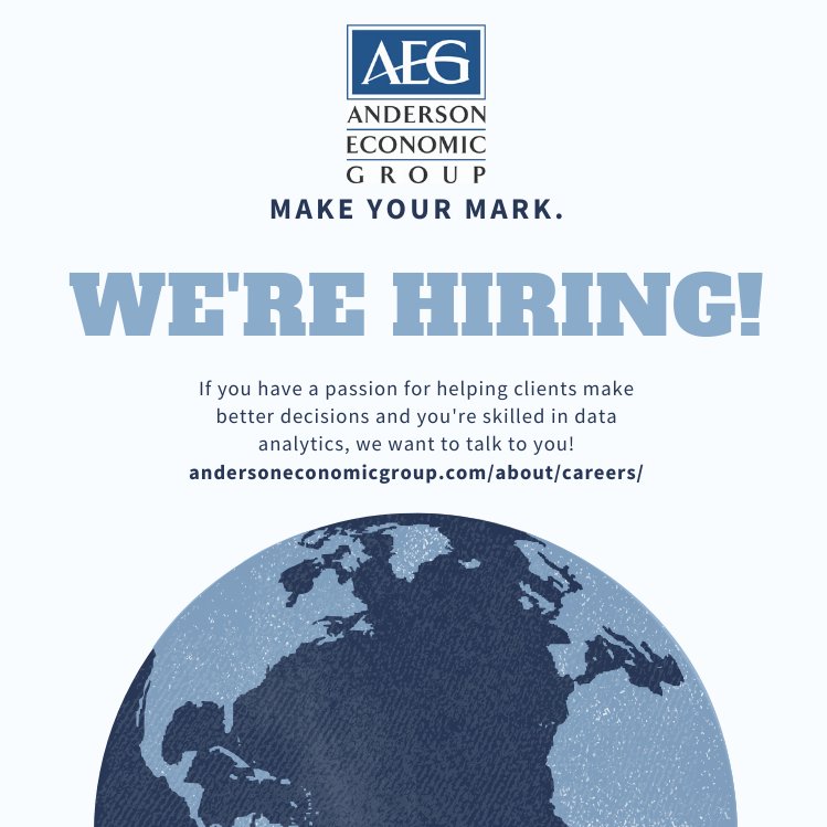 AEG currently has an opening in each of our three practice areas! We are looking for a senior analyst, a business economist and data scientist, and a graduate level intern. See andersoneconomicgroup.com/about/careers/ to apply today! #economics #jobseekers #Careers