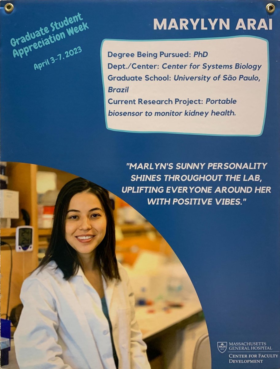 Just want to give a shoutout to my amazing graduate student, Marylyn Aria, for being featured during MGH Graduate Student Appreciation Week! What a great joy to see her profile 🤩 displayed on campus. @HakhoLee_Lab @MGHCSB @i3MGH @MGH_RI