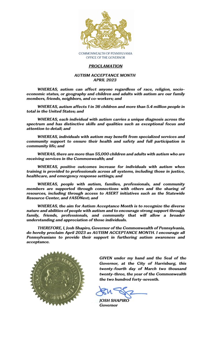 PARdotnet's tweet image. Thank you @GovernorShapiro for recognizing April as Autism Acceptance Month! This proclamation recognizes the diverse nature and abilities of people with autism and encourages strong support that will allow a broader understanding and appreciation of these individuals.