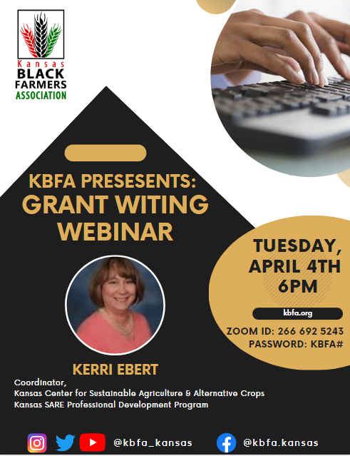 🗣️Webinar Alert: Join us tomorrow (Tuesday, April 4th) for our Grant Writing Webinar with Kerri Ebert from Kansas SARE Professional Development Program. 

The webinar begins at 6pm! Zoom information can be found below in the flyer.  See you there!