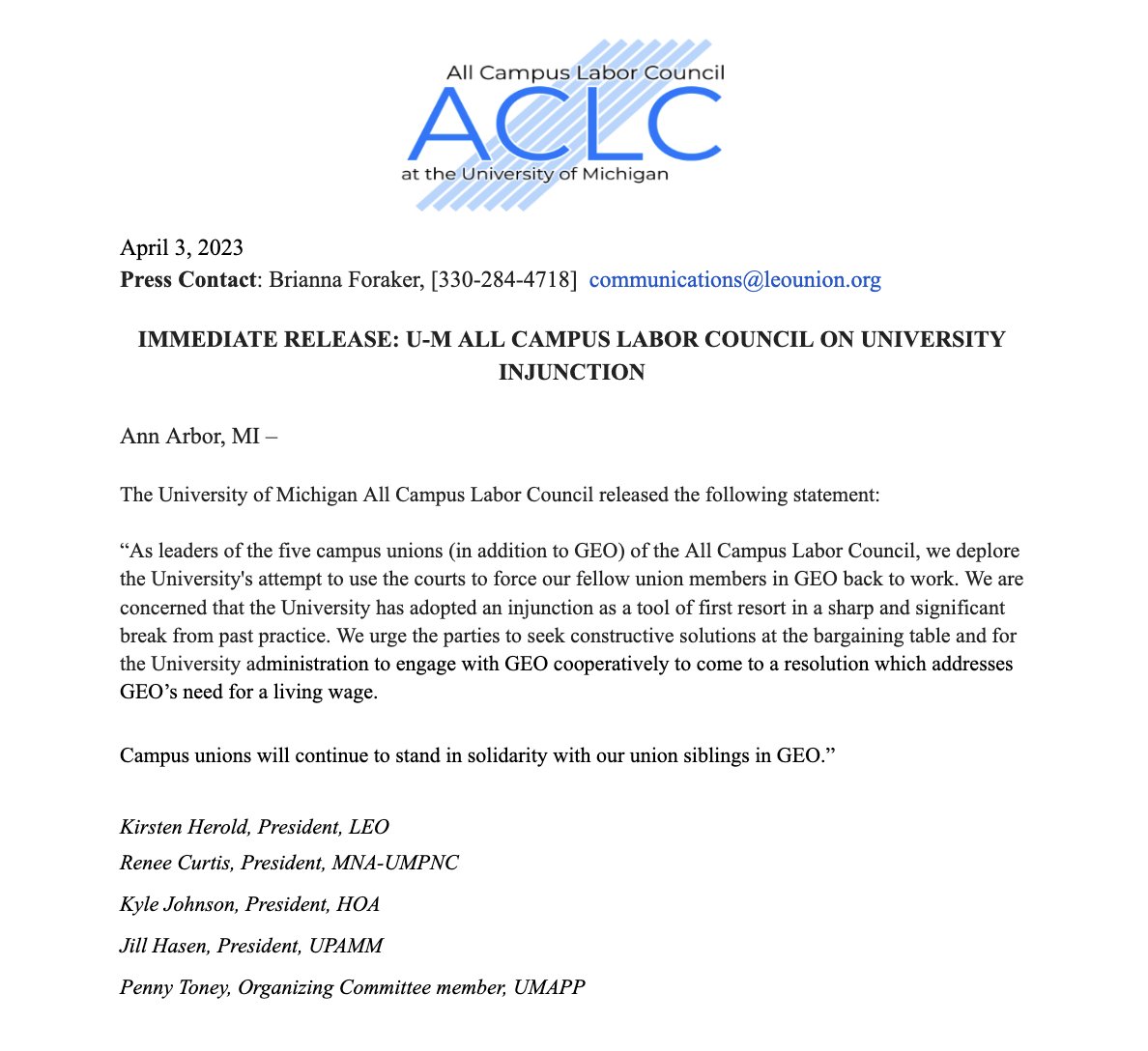 LEOUnionUmich's tweet photo. All Campus Labor Council members released the following statement in support of @geo3550 condemned the University of Michigan's decision to sue grad workers to break the strike. https://t.co/28HXduPWsp