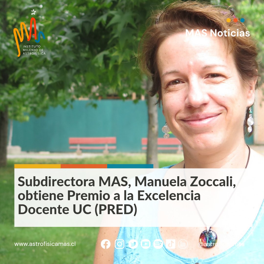astrofisicaMAS's tweet photo. Estamos felices! Nuestra subdirectora @mzoccali fue distinguida con el Premio ala Excelencia Docente UC. Manuela es profesora de @AstroUC y también la directora de nuestro programa de divulgación #ObservaMAS
Más que merecido reconocimiento 👏🏻 https://t.co/zYMybKaTK7